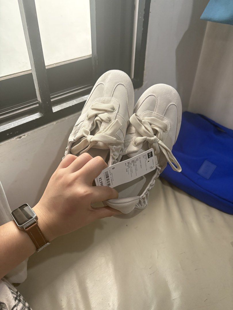 GU Gathered Ballet Sneakers (Category: Sneakers) located in Pasig City. Submitted by kunig (Listing ID 1468791395, Image 2). Description: Brand: GU (Gather Ballet Sneaker) - Color: Light gray satin with white laces and gum soles - Size: S (fits 22.5 cm) - Condition: Brand new with tags (BNWT), never worn - Original Price: 2,990 yen -RFS: need to size high up.