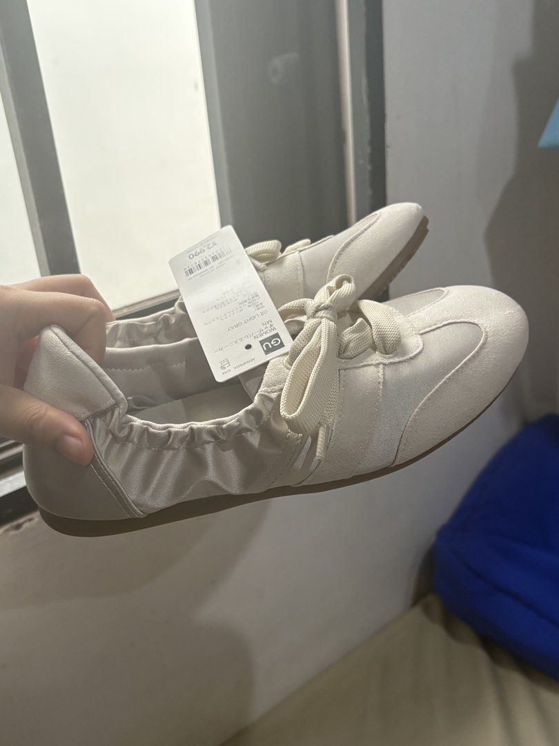 GU Gathered Ballet Sneakers (Category: Sneakers) located in Pasig City. Submitted by kunig (Listing ID 1468791395, Image 3). Description: Brand: GU (Gather Ballet Sneaker) - Color: Light gray satin with white laces and gum soles - Size: S (fits 22.5 cm) - Condition: Brand new with tags (BNWT), never worn - Original Price: 2,990 yen -RFS: need to size high up.