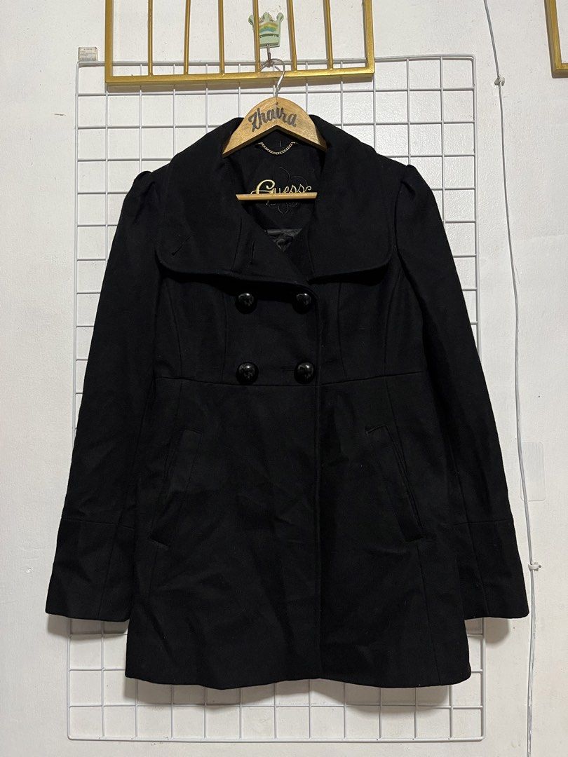 Guess Black Double-Breasted Peacoat with Bow Back - S/P (Category: Coats, Jackets and Outerwear) located in Pagsanjan. Submitted by zhairaaaaa (Listing ID 1468752324, Image 3). Description: - Brand: Guess - Size: P S (Petite Small) - Color: Black - Design: Double-breasted with 4 big buttons, large collar, and side pockets - Details: Cute bow on the lower back, gold embroidered Guess branding inside - Lining: Satin inner lining with all-over Guess