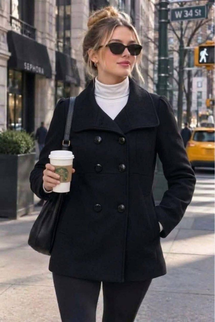 Guess Black Double-Breasted Peacoat with Bow Back - S/P (Category: Coats, Jackets and Outerwear) located in Pagsanjan. Submitted by zhairaaaaa (Listing ID 1468752324, Image 2). Description: - Brand: Guess - Size: P S (Petite Small) - Color: Black - Design: Double-breasted with 4 big buttons, large collar, and side pockets - Details: Cute bow on the lower back, gold embroidered Guess branding inside - Lining: Satin inner lining with all-over Guess
