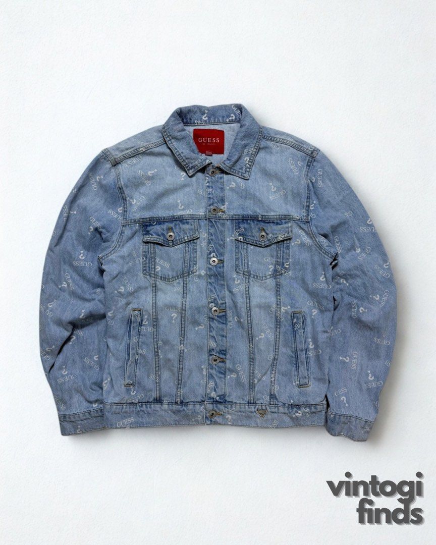 Guess Monogram Denim Jacket (Category: Coats, Jackets and Outerwear) located in Baguio. Submitted by Vintogi.finds (Listing ID 1468792617, Image 1). Description: Width: 21 Length: 25 BOXY Medium on tag Fits Medium to Large Color rate: 9.8/10 Pristine Condition ✨.