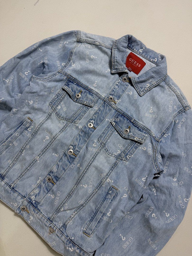 Guess Monogram Denim Jacket (Category: Coats, Jackets and Outerwear) located in Baguio. Submitted by Vintogi.finds (Listing ID 1468792617, Image 2). Description: Width: 21 Length: 25 BOXY Medium on tag Fits Medium to Large Color rate: 9.8/10 Pristine Condition ✨.