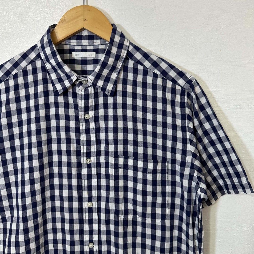 #H971 Lativ Cotton Checkered Button Polo (Blue/White) (Category: Activewear) located in Tagum. Submitted by eightrags (Listing ID 1468780011, Image 2). Description: #H971 Lativ Cotton Checkered Button Polo (Blue/White) Large 22 W 27 L Good as new condition 350.