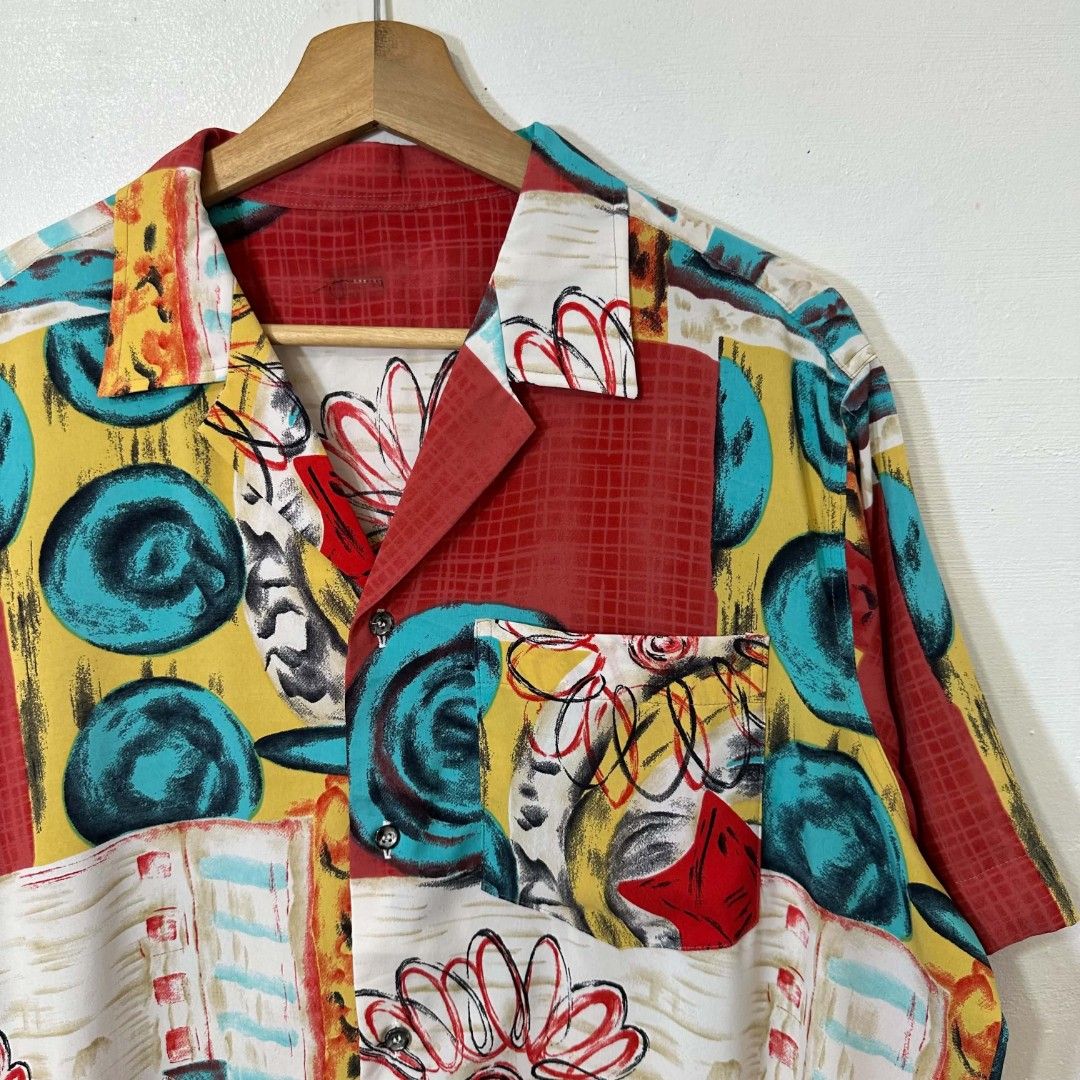 #H974 Abstract Art Paint Graphic Button Polo (Red) (Category: Activewear) located in Tagum. Submitted by eightrags (Listing ID 1468780872, Image 3). Description: #H974 Abstract Art Paint Graphic Button Polo (Red) Large-XL 24 W 28 L Excellent condition 300.
