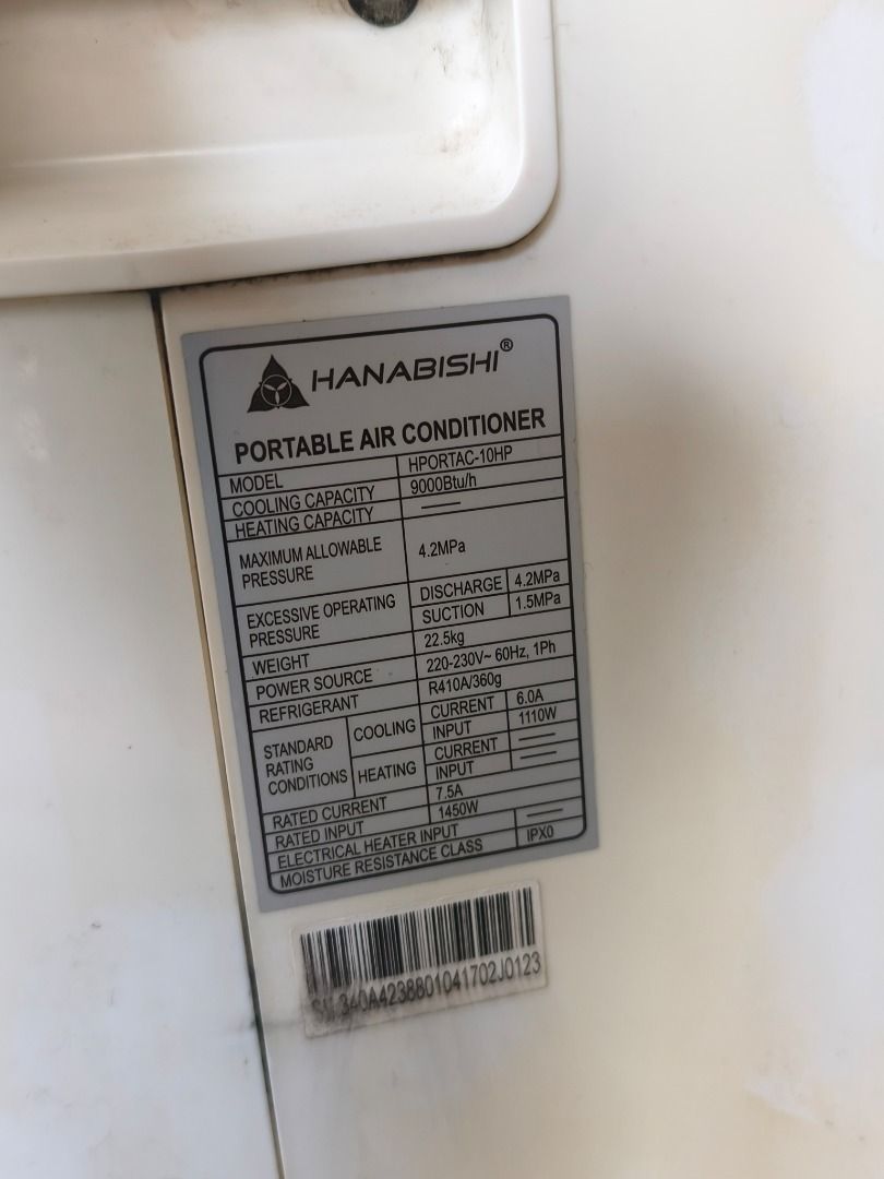Hanabishi portable aircon 1.0 hp (Category: Air Conditioning and Heating) located in Quezon City. Submitted by ismaelrdomingo1965 (Listing ID 1468720748, Image 2). Description: .