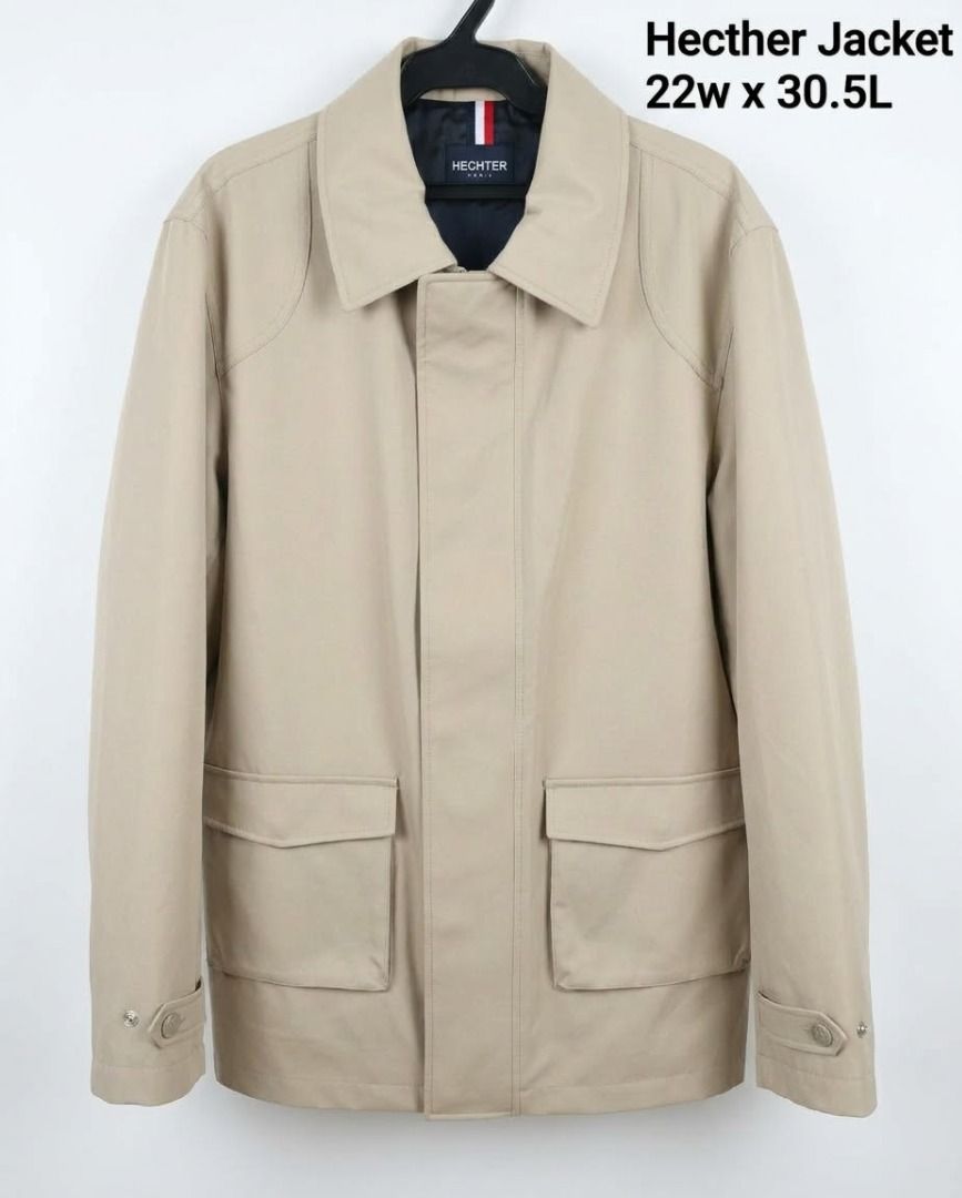 Hechter Paris Beige Jacket (Category: Coats, Jackets and Outerwear) located in Caloocan City. Submitted by johnangelod119-36458 (Listing ID 1468884616, Image 1). Description: - Brand: Hechter Paris - Color: Beige with navy lining - Measurements: 22 inches (width) x 30.5 inches (length) - Design details: Classic collar, front flap pockets, button cuffs, and tricolor ribbon loop at the back collar - Style: Clean look, perfect for casual or smart ou