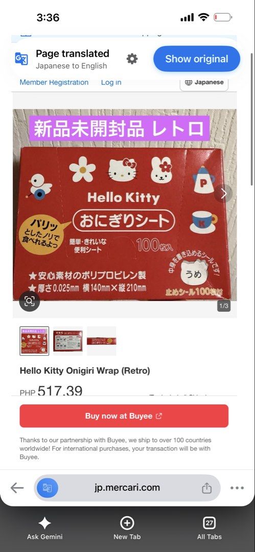 Hello Kitty Onigiri 100 Sheets (Category: Character Goods) located in Davao. Submitted by favoritepreloved (Listing ID 1468778555, Image 2). Description: 💜 (Hello Kitty Onigiri Deco Pack) box—a Japanese bento accessory used to wrap rice balls (onigiri). .