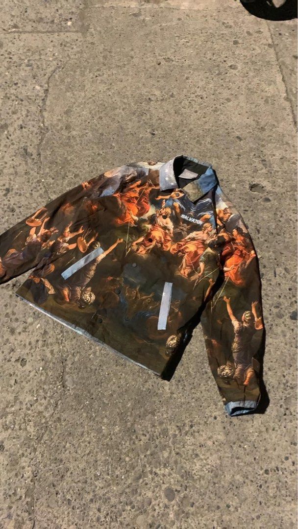 HENF SALVATON Renaissance Art Print Coach Jacket (Category: Coats, Jackets and Outerwear) located in Davao. Submitted by singkorayk15407 (Listing ID 1468899338, Image 2). Description: - Brand/Model: HENF SALVATON Coach Jacket - Design: All-over Renaissance art print with classic paintings graphic across body and sleeves - Features: Classic fold-over collar and snap button front closure - Style: Bold streetwear aesthetic in a dark colorway accente