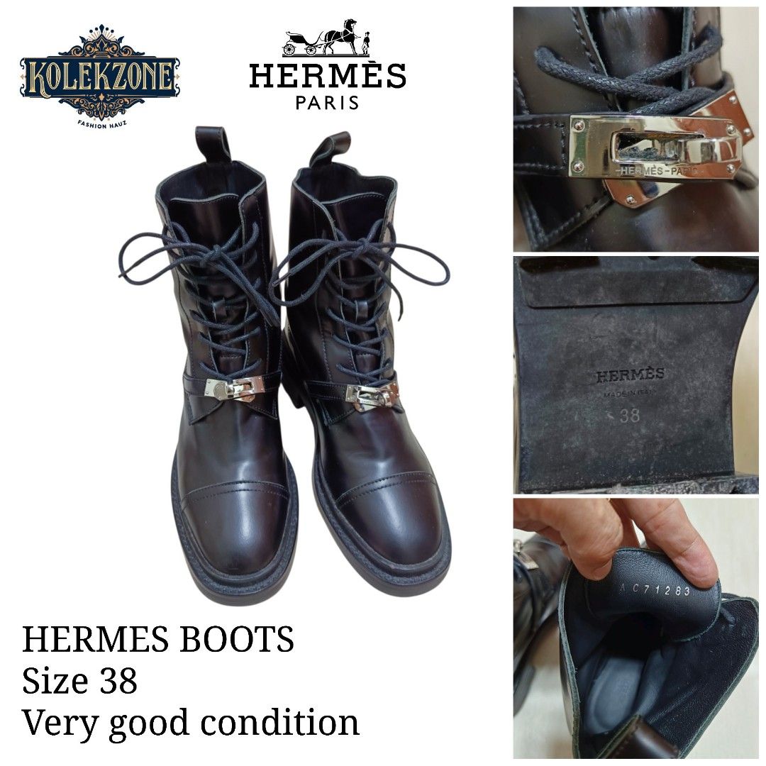 Hermes Black Leather Combat Boots Size 38 (Category: Boots) located in Nasugbu. Submitted by staffpicks1515 (Listing ID 1468787202, Image 1). Description: - Brand: Hermes - Style: Combat boots - Size: EU 38 - Color: Black - Material: Premium leather - Details: Lace-up front, signature silver-tone hardware buckle strap, rounded cap toe, lug soles, and back pull tab - Origin: Made in Italy - Condition: Excellent / Well-maintained.