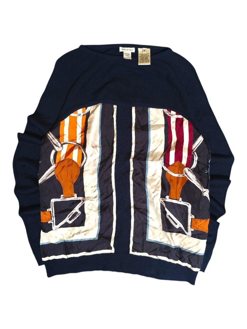 Hermès Silk and Wool Mixed Media Sweater Size 36 (Category: Longsleeves) located in Davao. Submitted by thr1fty_cent (Listing ID 1468797766, Image 2). Description: Brand: Hermès Size: 36 Designer tag (XS) 100% virgin wool body with 100% silk printed panels Navy blue knit with front striped equestrian motifs and back horse head/bridle graphics Pristine vintage condition ✨.
