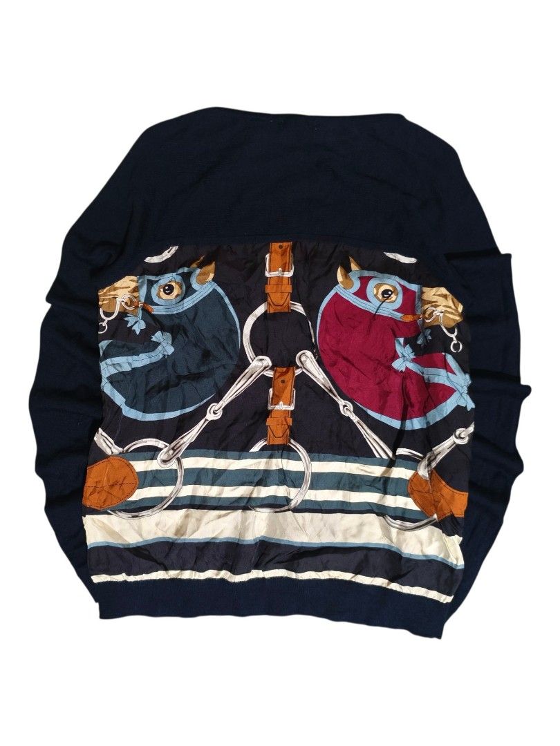 Hermès Silk and Wool Mixed Media Sweater Size 36 (Category: Longsleeves) located in Davao. Submitted by thr1fty_cent (Listing ID 1468797766, Image 3). Description: Brand: Hermès Size: 36 Designer tag (XS) 100% virgin wool body with 100% silk printed panels Navy blue knit with front striped equestrian motifs and back horse head/bridle graphics Pristine vintage condition ✨.