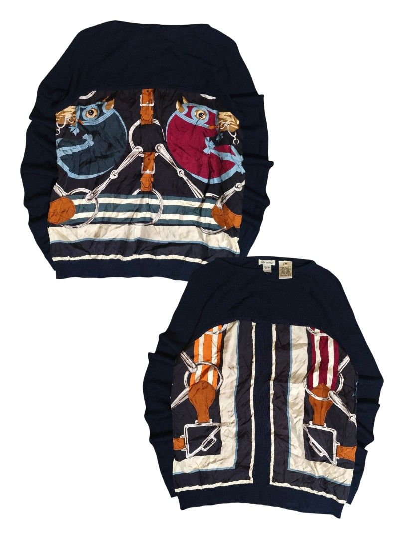 Hermès Silk and Wool Mixed Media Sweater Size 36 (Category: Longsleeves) located in Davao. Submitted by thr1fty_cent (Listing ID 1468797766, Image 1). Description: Brand: Hermès Size: 36 Designer tag (XS) 100% virgin wool body with 100% silk printed panels Navy blue knit with front striped equestrian motifs and back horse head/bridle graphics Pristine vintage condition ✨.