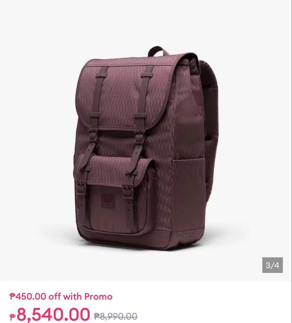 Herschel Supply Co. Backpack (Category: Backpacks) located in Pasay City. Submitted by khlxrys (Listing ID 1468812686, Image 2). Description: - Brand: Herschel 21L - Color/Pattern: Dark purple with a chic diamond lattice design Message me for actual pics. Original 💯 No issue. Used twice only.