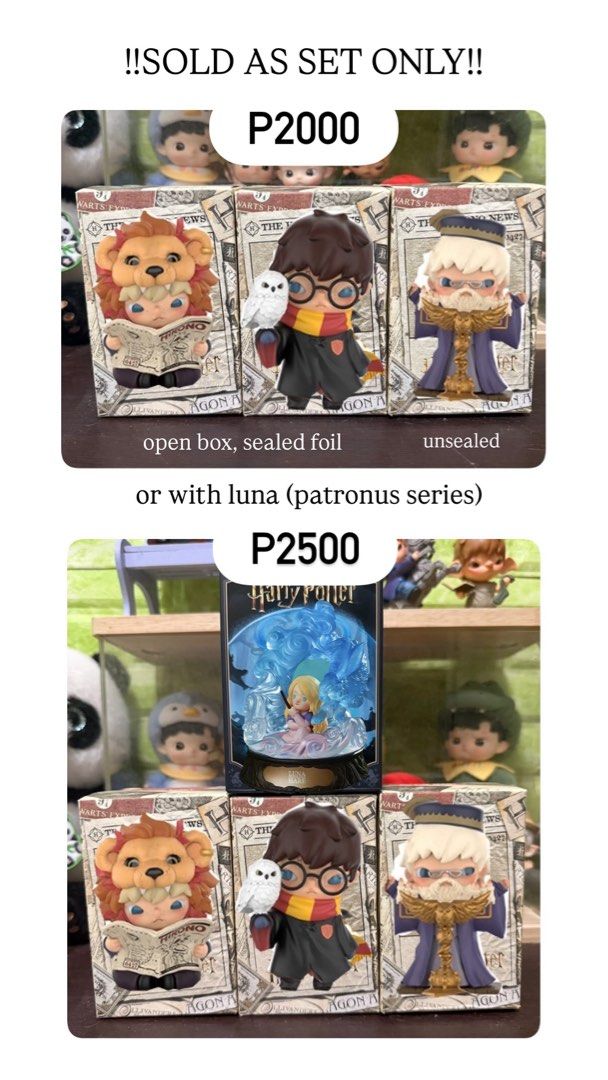 HIRONO HARRY POTTER (HEDWIG/LUNA/DUMBLEDORE) (Category: Designer & Blind Box Toys) located in Quezon City. Submitted by keseyuh (Listing ID 1468782822, Image 1). Description: SOLD AS SET ONLY SET A: P2,000 HEDWIG - Open box, Sealed Foil LUNA - Open box, Sealed Foil DUMBLEDORE - Unsealed SET B: P2,500 HEDWIG - Open box, Sealed Foil LUNA - Open box, Sealed Foil DUMBLEDORE - Unsealed LUNA (Patronus Series) - Open box, Sealed Foil PAYO, NO LP MOP: GC