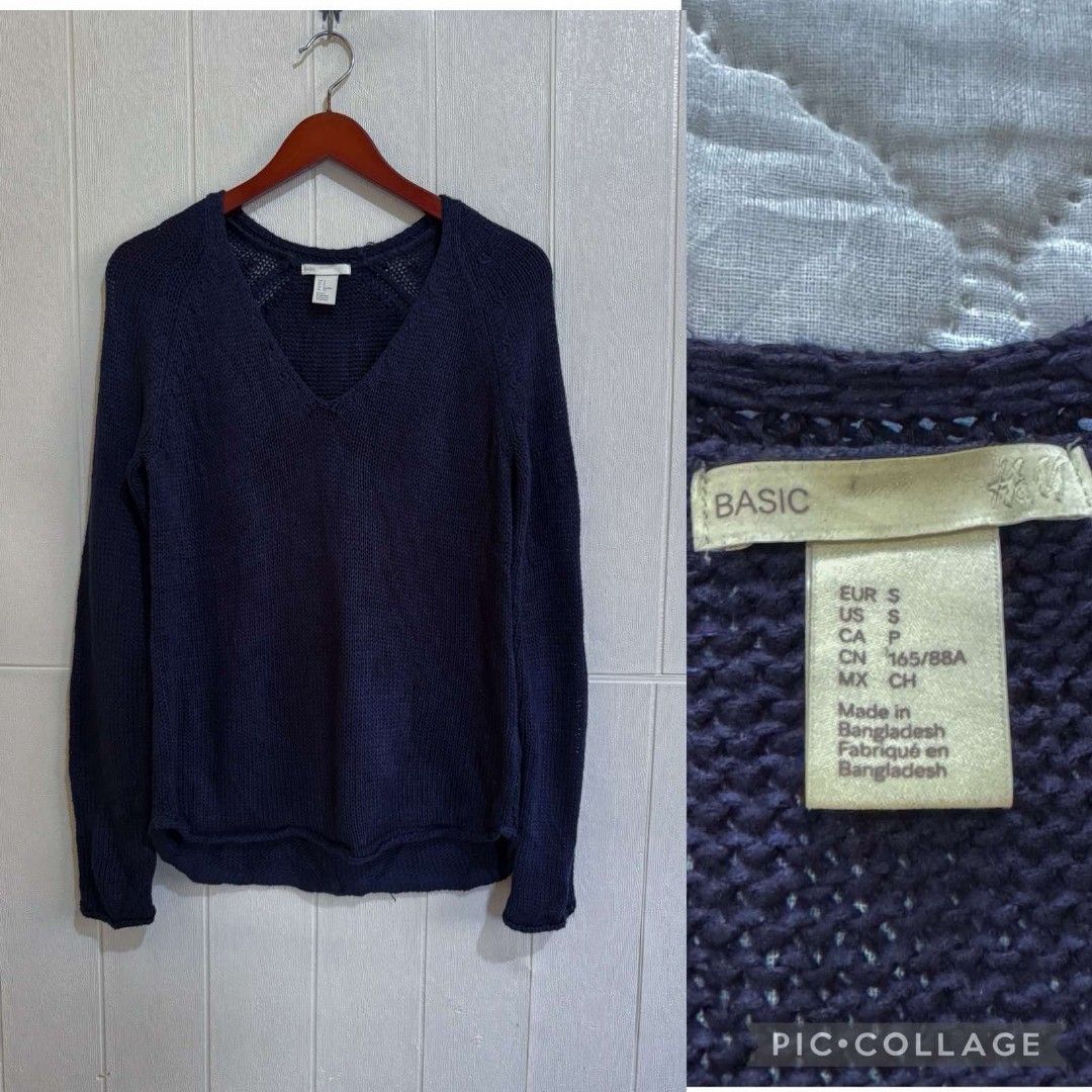 H&M Basic Navy Blue V-Neck Knit Sweater Size S (Category: Longsleeves) located in Calamba. Submitted by iam.hides (Listing ID 1468724614, Image 1). Description: - Brand/Model: H&M Basic - Color: Navy Blue - Size: S (Made in Bangladesh) - Style: V-neck, long sleeves, loose knit texture - Ideal for: Cooler weather, easily pairs with jeans or skirts.