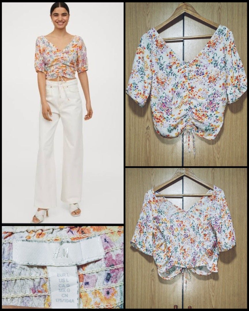 H&M Draped Floral Crop Top (Category: Blouses) located in Cebu City. Submitted by cebuanamomshies (Listing ID 1468712985, Image 1). Description: M-L cream background with a multicolor floral print, a deep V-neck, a front drawstring cinch, and short puff sleeves. viscous crepe weave. wide smock at the back.