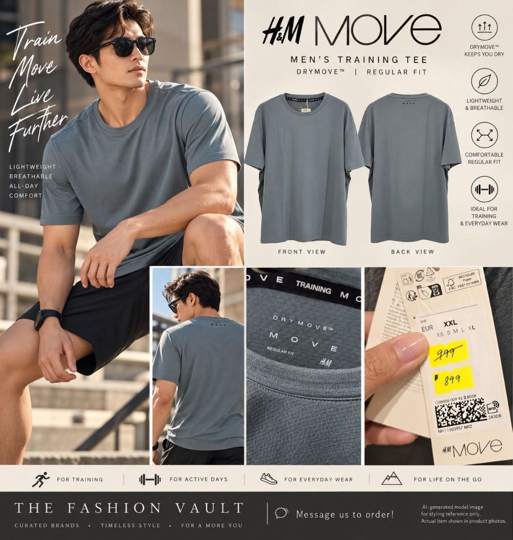 H&M Move Men's Training Tee DryMove Regular Fit (Category: Tshirts & Polo Shirts ) located in Antipolo. Submitted by openingthevault728 (Listing ID 1468850736, Image 1). Description: MOVE IN STYLE. TRAIN IN COMFORT. Elevate your activewear essentials with the H&M MOVE DryMove™ Training Shirt — a perfect combination of minimalist style, comfort, and performance. Designed for movement, this lightweight training tee features breathable, moisture-wic