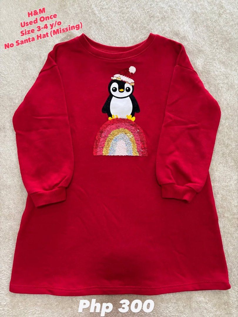 H&M Red Penguin Sweatshirt Dress (Category: Babies & Kids Fashion) located in Pasay City. Submitted by mommapauie (Listing ID 1468883167, Image 1). Description: H&M red long sleeve dress for ages 3-4 years. Features a cute penguin on a rainbow graphic. Worn only once, bright red..