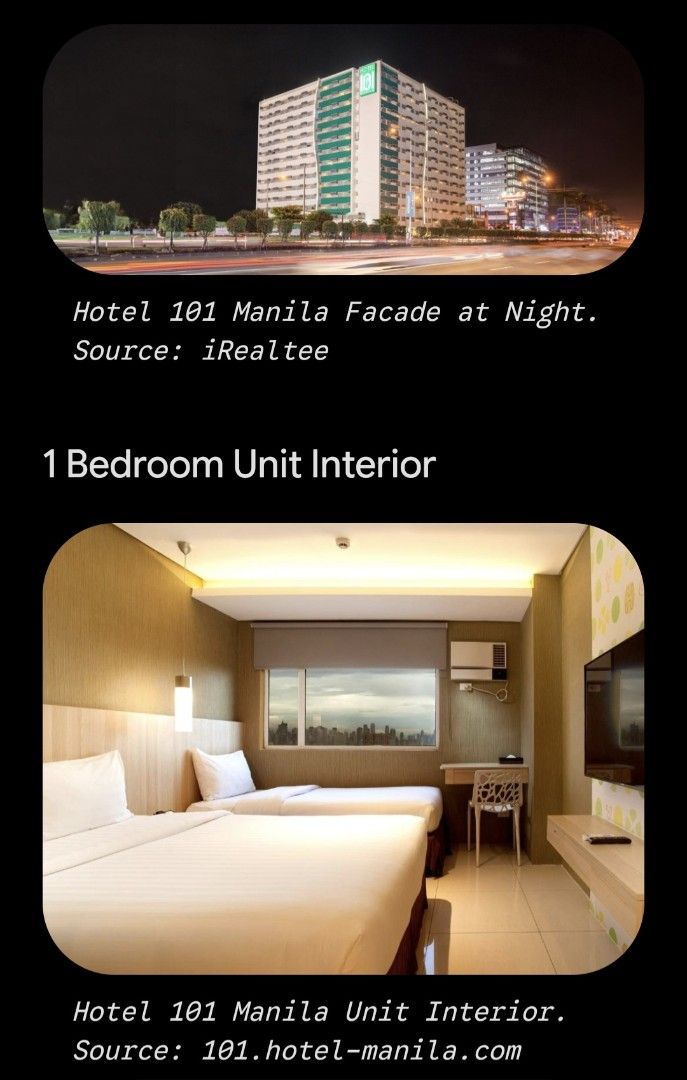Hotel 101 Manila (Category: Apartments & Condos) located in Manila. Submitted by almasison53 (Listing ID 1468828355, Image 1). Description: Hotel 101 - Manila is a popular 3-star, large-scale condotel located within the Mall of Asia (MOA) Complex in Pasay 1 bedroom unit , fully furnished.