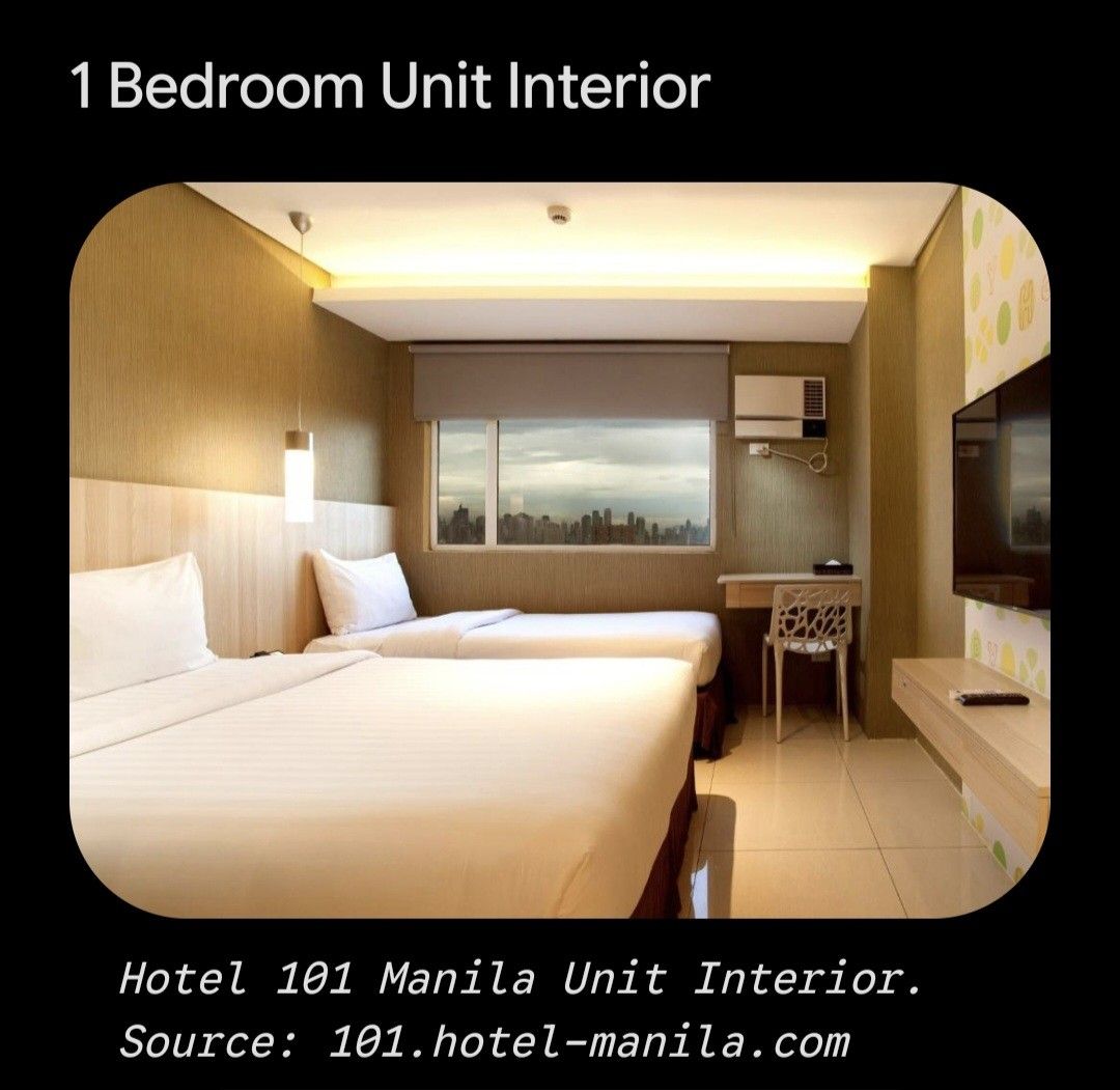 Hotel 101 Manila (Category: Apartments & Condos) located in Manila. Submitted by almasison53 (Listing ID 1468828355, Image 3). Description: Hotel 101 - Manila is a popular 3-star, large-scale condotel located within the Mall of Asia (MOA) Complex in Pasay 1 bedroom unit , fully furnished.