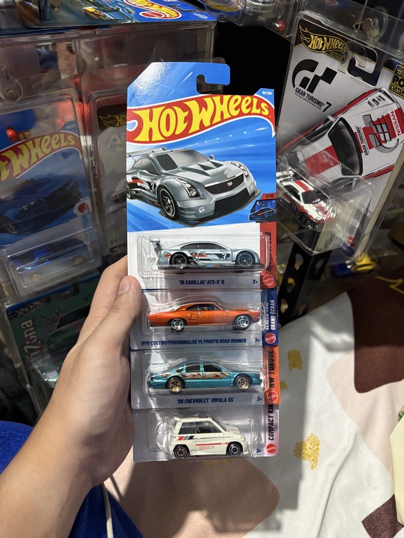 HOTWHEELS - 180 EACH (Category: Vehicle & Diecast Models) located in Santa Cruz. Submitted by kurtbanca (Listing ID 1468855863, Image 2). Description: - Set of 4 unopened Hot Wheels mainline cars - Includes: '16 Cadillac ATS-V R, 1970 Custom Plymouth Road Runner, '96 Chevrolet Impala SS, and Honda City Turbo - Condition: Brand new on card - Great for expanding your display fast.