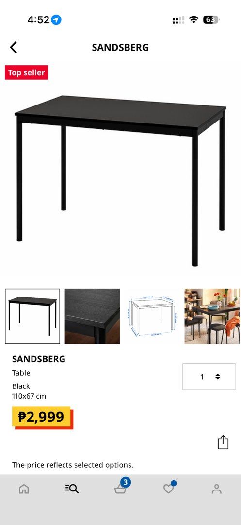IKEA Sandsberg Table Black 110x67cm (Category: Tables & Sets) located in Mandaluyong City. Submitted by chekkamari (Listing ID 1468722335, Image 3). Description: 📍Mandaluyong Area - with Free PVC table cover - Brand: IKEA Sandsberg - Size: 110x67 cm - Material: Sturdy metal legs with dark wood-grain top - Condition: Clean, well-maintained, protected with a clear plastic cover sheet since day one - Design: Minimalist style, ideal for dining rooms