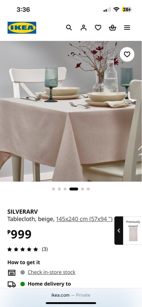 IKEA SILVERARV Tablecloth Beige 145x240 cm (Category: Table Linen & Textiles) located in Makati City. Submitted by issavv (Listing ID 1468778870, Image 2). Description: IKEA SILVERARV (Designer: Hanna-Kaarina Heikkilä) - Color: Neutral beige - Size: 145x240 cm - Condition: Brand new, unopened in original packaging with tags - Perfect neutral addition to any dining table setup Buyer to shoulder pick up from Salcedo Village Makati https://www.ikea.