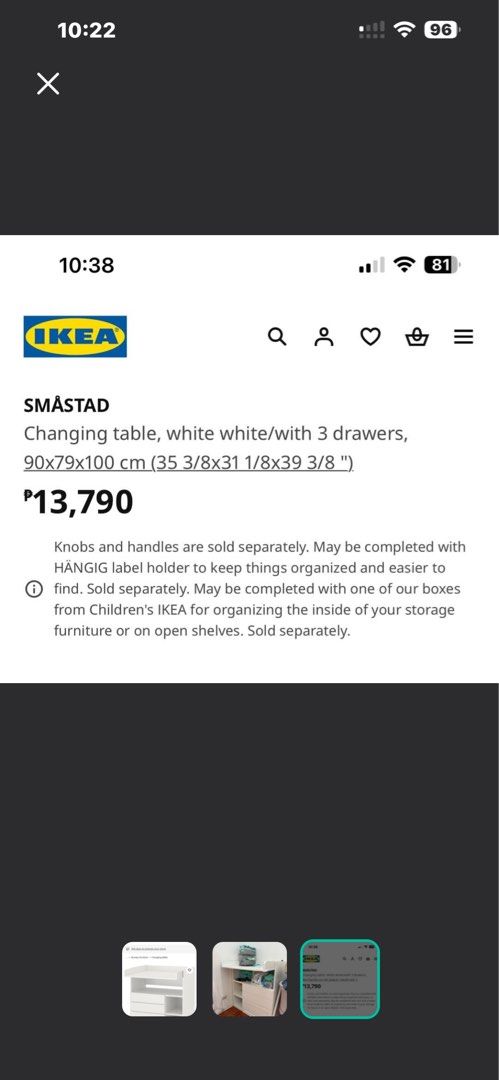 IKEA SMÅSTAD Changing Table with 3 Drawers (Category: Shelves, Cabinets & Racks) located in Quezon City. Submitted by sof1958 (Listing ID 1468724427, Image 2). Description: - Brand: IKEA SMÅSTAD - Color: Clean White - Dimensions: 90 x 79 x 100 cm - Storage: 3 smooth-sliding drawers and convenient open shelving compartments - Features: Secure top surface designed for safe and easy baby care routines - Build: Sturdy construction made for daily nurs