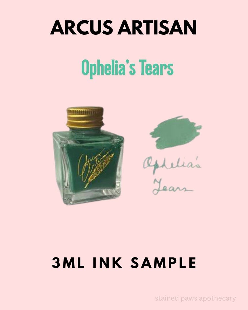 INK SAMPLE Arcus Artisan Ophelia's Tears 3ml (Category: Other Stationery & Craft) located in Manila. Submitted by stainedpawsapothecary (Listing ID 1468810296, Image 1). Description: - Brand/Model: Arcus Artisan fountain pen ink - Shade: Ophelia's Tears (beautiful muted green) - Volume: 3ml in a safe plastic sample vial - Condition: Clean and untainted, decanted straight from the original bottle - Use: Perfect way to test the color before committ