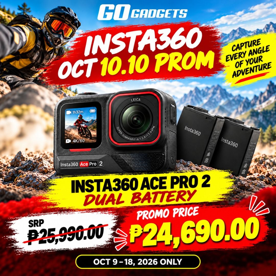 Insta360 Ace Pro 2 Dual Battery (Category: Cameras) located in Caloocan City. Submitted by kentsalvador31 (Listing ID 1468763834, Image 1). Description: Insta360 Ace Pro 2 Dual Battery SRP: ₱25,990.00 PROMO PRICE: 24,690.00 Go Gadgets - Kawit Cavite 💬 Message us now for full specs & recommendations! 📷 Perfect for: ✔ Motorcycle rides ✔ Motovlogging ✔ Travel videos ✔ Content creation ✔ Action shots 💳 INSTALLMENT AVAILABLE BDO • BPI • HSBC • Chin