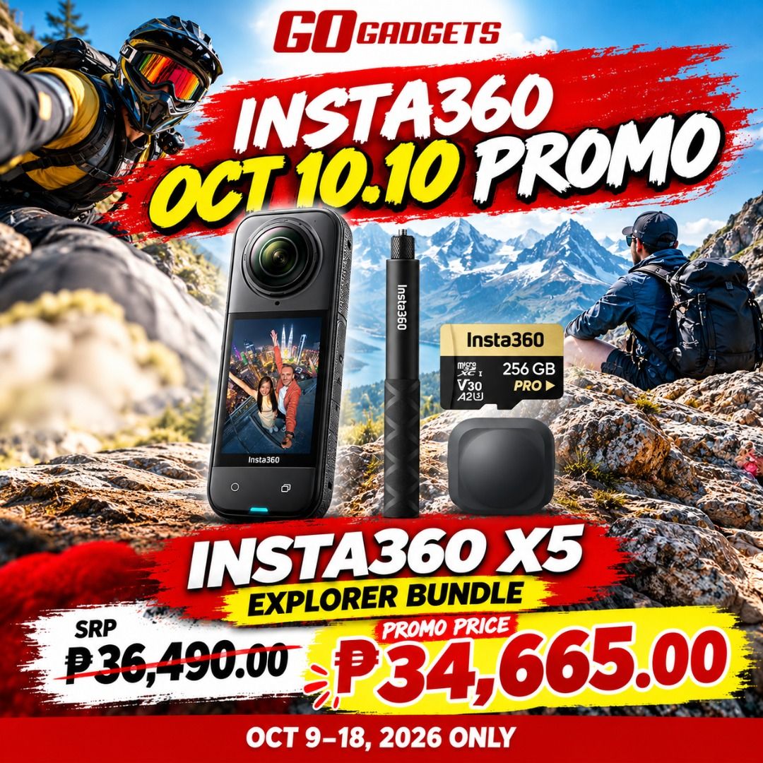 Insta360 X5 Explorer Bundle Black (Category: Cameras) located in Caloocan City. Submitted by kentsalvador31 (Listing ID 1468764773, Image 1). Description: Insta360 X5 Explorer Bundle Black SRP: ₱36,490.00 PROMO PRICE: 34,665.00 Go Gadgets - Kawit Cavite 💬 Message us now for full specs & recommendations! 📷 Perfect for: ✔ Motorcycle rides ✔ Motovlogging ✔ Travel videos ✔ Content creation ✔ Action shots 💳 INSTALLMENT AVAILABLE BDO • BPI • HSBC • 