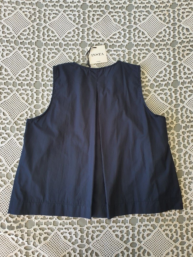 INSTA Firenze Navy Blue Sleeveless Button Top (Category: Sleeveless) located in Laoag. Submitted by soukay (Listing ID 1468719072, Image 2). Description: - Brand: INSTA Firenze from Italy - Color: Dark blue - Condition: Brand new with original paper tag attached, never worn - Style: Sleeveless top with round neckline, front button placket, matching round buttons, and pleated details - Size/Measurements: Roughly 21" across the chest and 22" in len