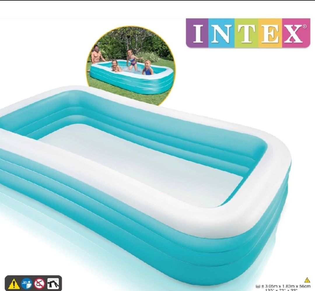 Intex Wet Set Collection Rectangular Inflatable Pool (Category: Water Sports) located in Pateros City. Submitted by JP0125 (Listing ID 1468766366, Image 3). Description: - Brand: Intex (Wet Set Collection) - Type: Rectangular Inflatable Pool - Size: 120 x 72 x 22 inches (3.05m x 1.83m x 56cm) - Color: Classic blue and white - Design: 3 durable air ring chambers - Perfect for: Kids and family backyard water fun - Condition: Brand new in original b