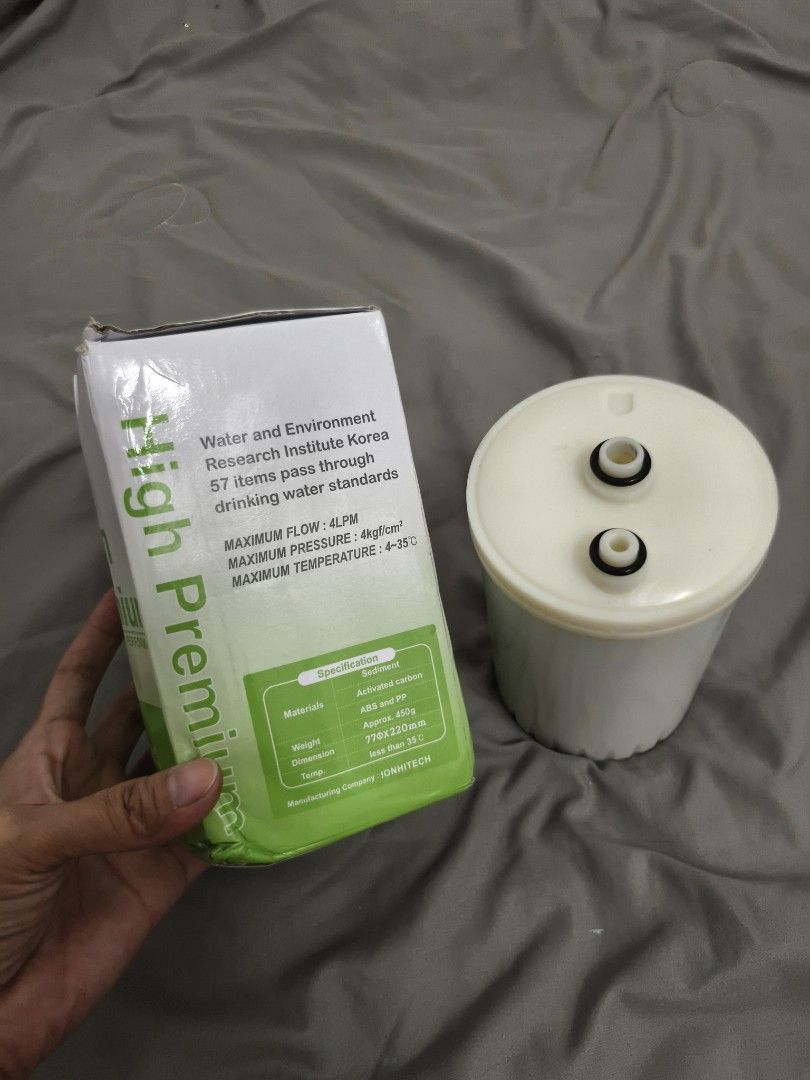 Ionhitech High Premium Replacement Filter Cartridge (Category: Water Purifiers & Dispensers) located in Angeles City. Submitted by measaliman02351 (Listing ID 1468892965, Image 3). Description: - Brand: Ionhitech replacement water filter cartridge - Condition: Brand new with original box - Material: Sediment, activated carbon, ABS, and PP construction - Performance: Max flow 4 LPM, max pressure 4 kgf/cm², temp range 4-35°C - Dimensions: 77mm diam