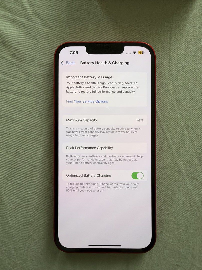 Iphone 13 - Product (Red) - 256gb (Category: iPhone 13 Series) located in Batangas. Submitted by nitrazacla (Listing ID 1468927999, Image 2). Description: Reason for selling: Upgrade Ordinary wear and tear on the screen from 5 yrs of use. Over all still in good condition and will throw in a spigen case for free. Battery Life is at 74% and esim compatible. Box included but no wire for the charger..