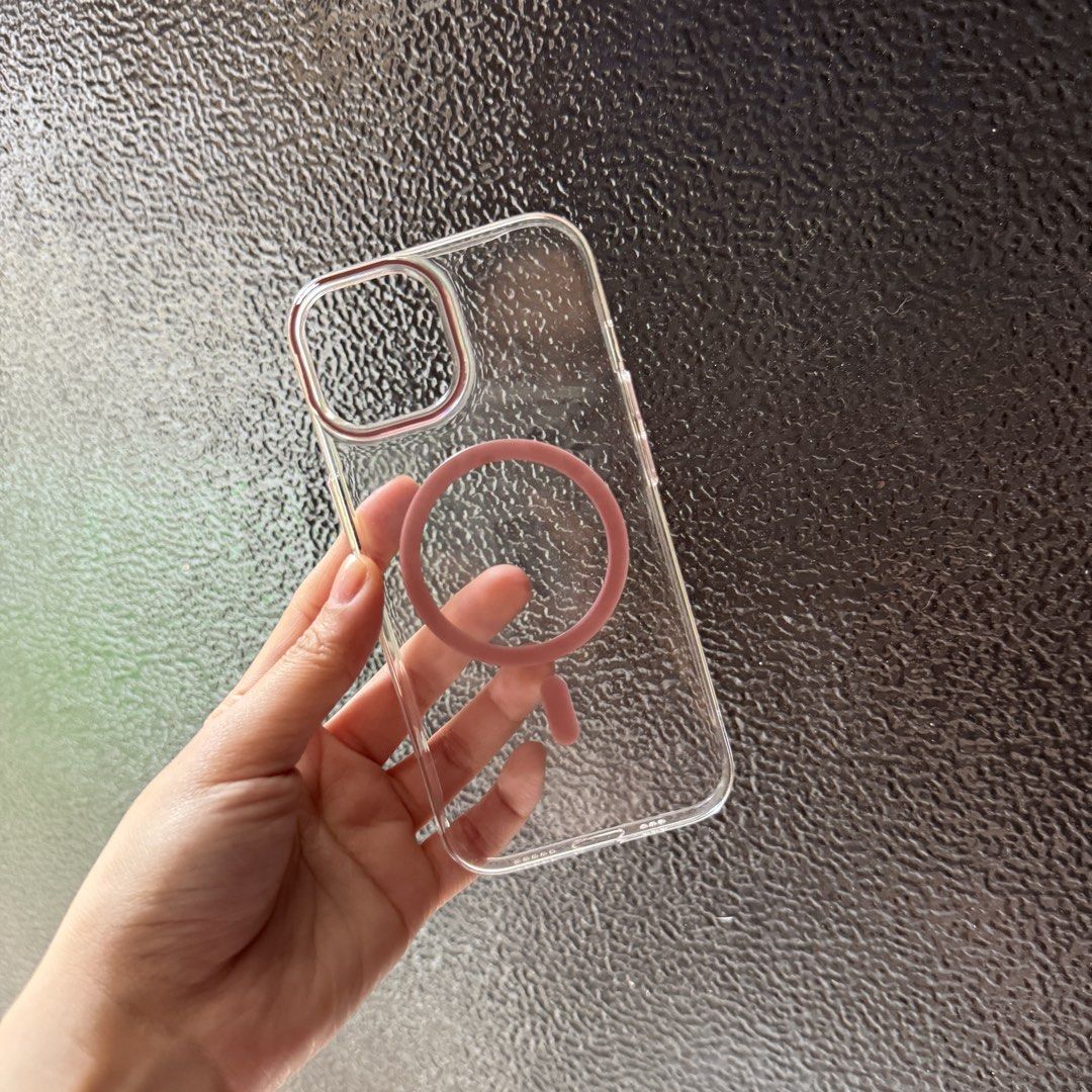 iphone 15 clear case (Category: Cases & Sleeves) located in Manila. Submitted by coffeegilly (Listing ID 1468753186, Image 1). Description: keep it simple but make it cute! this transparent phone case with pink magsafe-style ring details is perfect for a clean, minimalist aesthetic 🌸.
