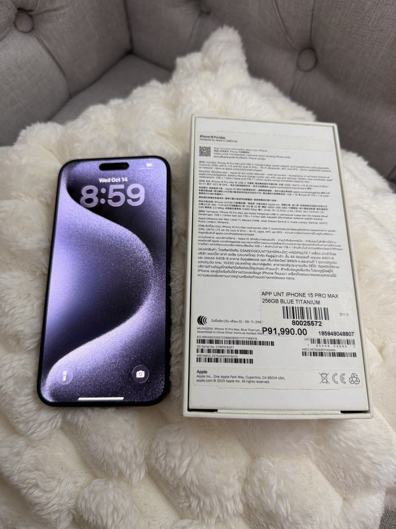 iPhone 15 Pro Max 256GB (Category: iPhone 15 Series) located in Manila. Submitted by annicarts (Listing ID 1468821259, Image 3). Description: DETAILS • 256GB Storage • ZP/A Variant • Physical Dual SIM • 85% Battery Health • 676 Cycle Count • Pristine condition, no dents or scratches • 100% working, no issues • Openline / No SIM Restriction • Face ID & True Tone working perfectly • No history of repair or opening INCLUSIONS • Original Apple box wi