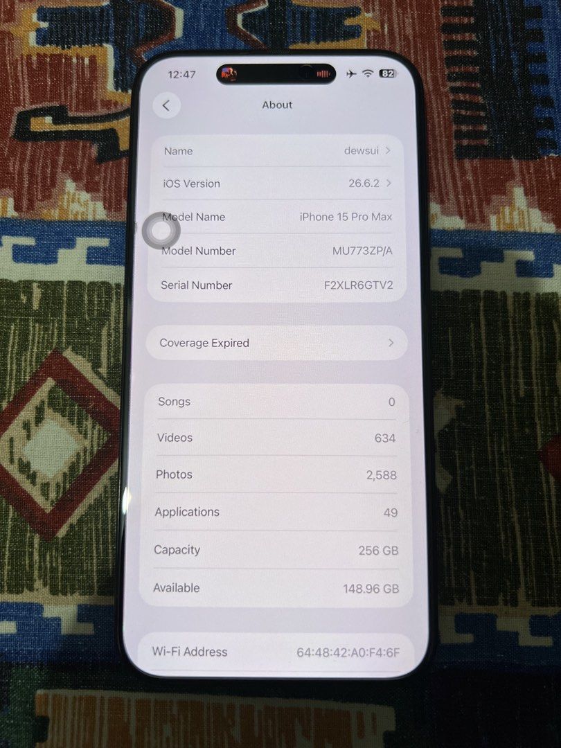 IPHONE 15 PRO MAX 256GB OPENLINE NTC 88BH (Category: iPhone 15 Series) located in Rodriguez. Submitted by kazewander (Listing ID 1468751209, Image 2). Description: Iphone 15 Pro Max 256gb Black Titanium • 88% Battery health, 671 Cycle count (Original Apple battery, never replaced) • Openline / Factory Unlocked (No SIM restrictions) • 100% Original parts, no history of repairs or component replacements • No dents, scratches, or visible flaws INCLU