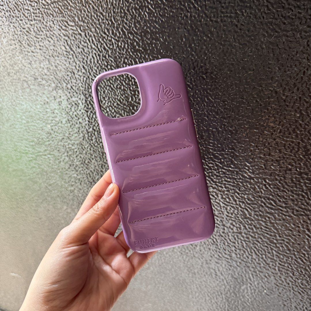 iphone 15 purple puffy phone case (Category: Cases & Sleeves) located in Manila. Submitted by coffeegilly (Listing ID 1468750087, Image 1). Description: cute, glossy, and effortlessly cool! add a pop of purple to your everyday look with this stylish phone case details: glossy finish with stitched details and cute hand sign.