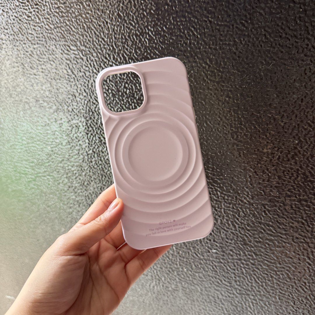 iphone 15 soft pink phone case (Category: Cases & Sleeves) located in Manila. Submitted by coffeegilly (Listing ID 1468752379, Image 1). Description: this pastel pink case features a unique 3D ripple design and a sweet little self-love quote 🌷.