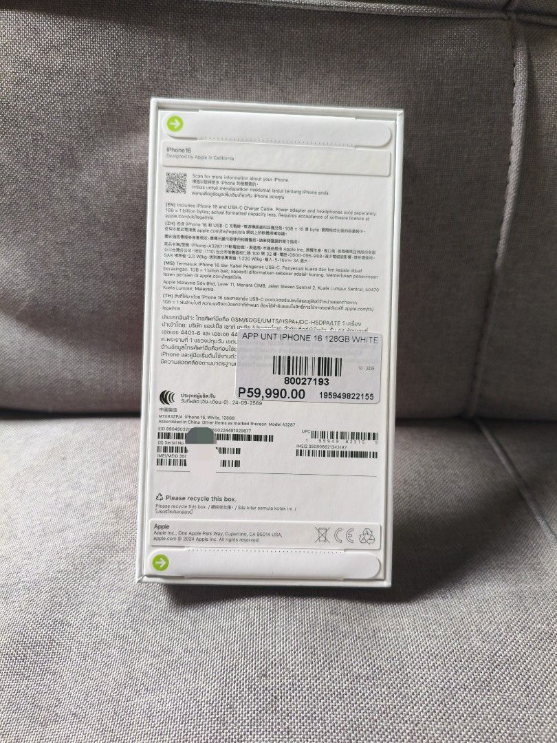 Iphone 16 128gb Brandnew (Category: iPhone 16 Series) located in Morong. Submitted by dansynt (Listing ID 1468716004, Image 2). Description: Brandnew Sealed 128gb Color: White Location: Morong Rizal.