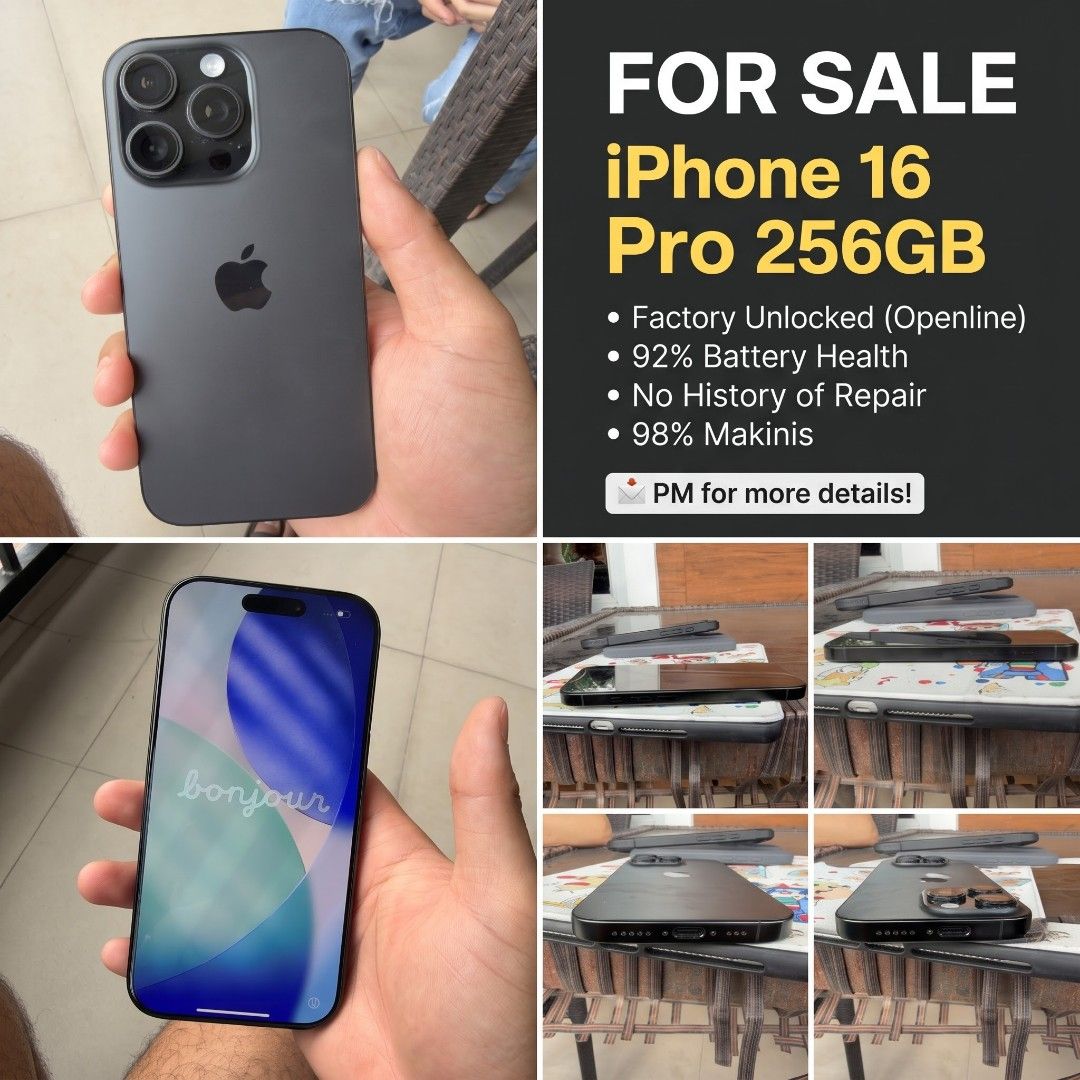 iPhone 16 Pro 256GB FU (Category: iPhone 16 Series) located in Imus. Submitted by renzwith.e (Listing ID 1468781496, Image 2). Description: Details on second photo po with free 2 cases! We just removed the camera lens protector so it's in prestine condition. 😊.