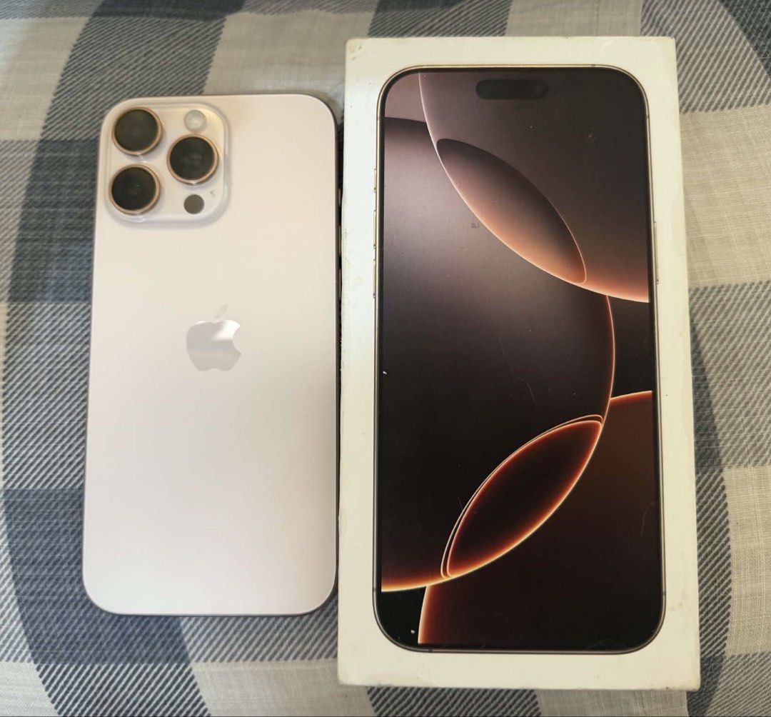 iPhone 16 Pro Max Desert Titanium 256GB (Category: iPhone 16 Series) located in Manila. Submitted by oohmrzzz (Listing ID 1468761427, Image 1). Description: - Model: iPhone 16 Pro Max - Color: Desert Titanium - Storage: 256GB - Battery Health: 89% (Normal, cycle count 744, first used October 2024) - Inclusions: Original box and Rhinoshield case - Condition: Well-maintained (lady-owned) - Meetup Location: SM City Sta. Mesa / Manila area RFS: upgra