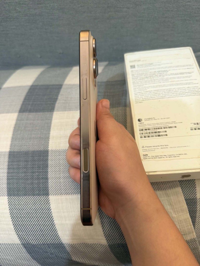 iPhone 16 Pro Max Desert Titanium 256GB (Category: iPhone 16 Series) located in Manila. Submitted by oohmrzzz (Listing ID 1468761427, Image 2). Description: - Model: iPhone 16 Pro Max - Color: Desert Titanium - Storage: 256GB - Battery Health: 89% (Normal, cycle count 744, first used October 2024) - Inclusions: Original box and Rhinoshield case - Condition: Well-maintained (lady-owned) - Meetup Location: SM City Sta. Mesa / Manila area RFS: upgra