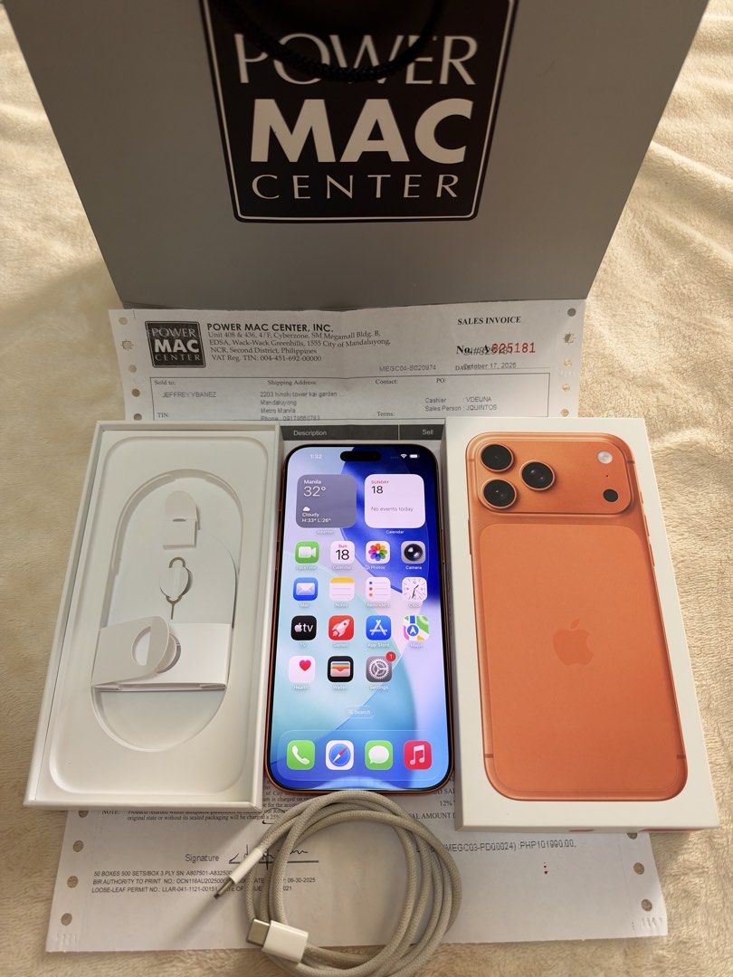 Iphone 17 pro max 512gb (Category: iPhone 17 Series) located in Mandaluyong City. Submitted by olxph_394160783 (Listing ID 1468794111, Image 2). Description: Iphone 17 Pro Max Cosmic Orange (11months old) Storage 512gb Color: Cosmic Orange 98% Smooth, with a small scratch on the bottom part. (See pic posted) Bought at power mac center sm mega mall Battery Health 91% Inclusion: box, charger cable and copy of receipt from power mac, paper box power