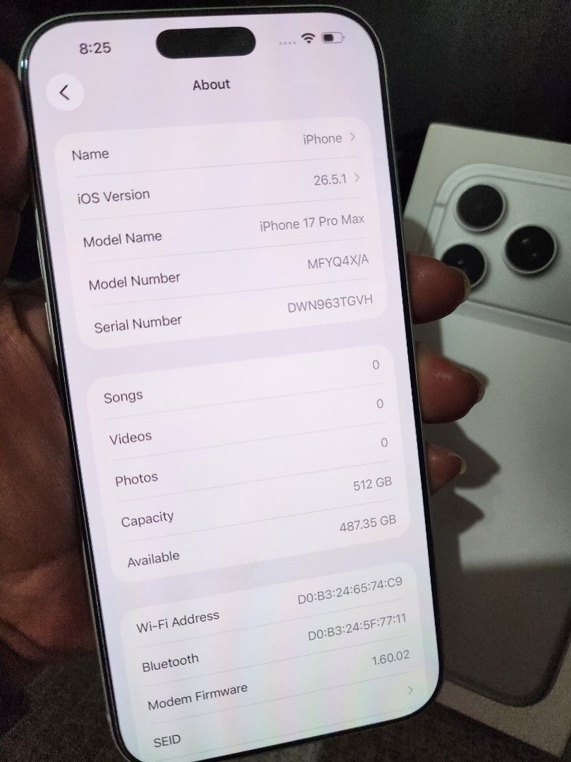 iphone 17promax silver 512gb slightly use (Category: Other Mobile & Gadget Accessories) located in San Juan City. Submitted by chellegadgetsshop (Listing ID 1468890372, Image 3). Description: iphone 17promax silver 512gb slightly use factory unlock ntc approval 100% battery health 32 cycle count warranty apple no issue check all u want call or txt me 09279944333.09353229255 we do meet up cash on delivery pick up store greenhills shopping center S