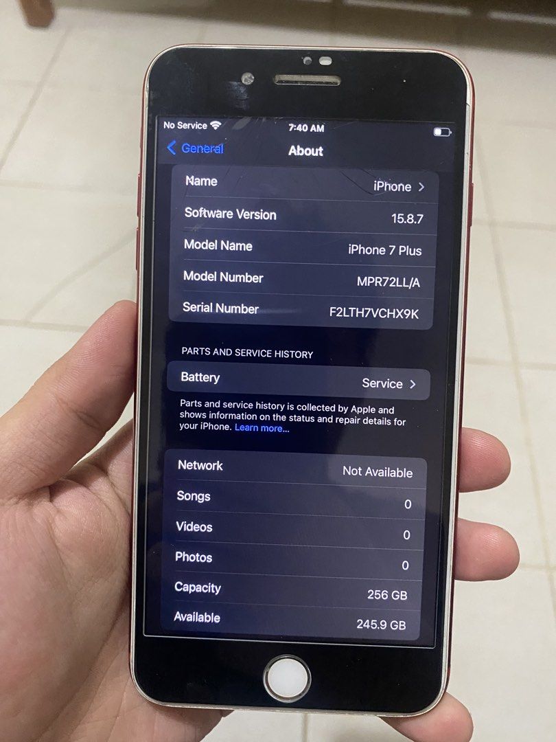 iPhone 7 Plus 256GB w Issues (Category: iPhone 7 Series) located in Alburquerque. Submitted by lkz621 (Listing ID 1468879955, Image 2). Description: Best suited for technicians or as an extra phone Price: ₱2,000 (Slightly negotiable) Specs & Highlights: - 256 GB internal storage - Clean iCloud / Safe to reset upon meetup/purchase - Unit only Issues: - Cracked front screen / LCD - Shaky rear camera - Wi-Fi only (Canadian carrier locked) - No mic /