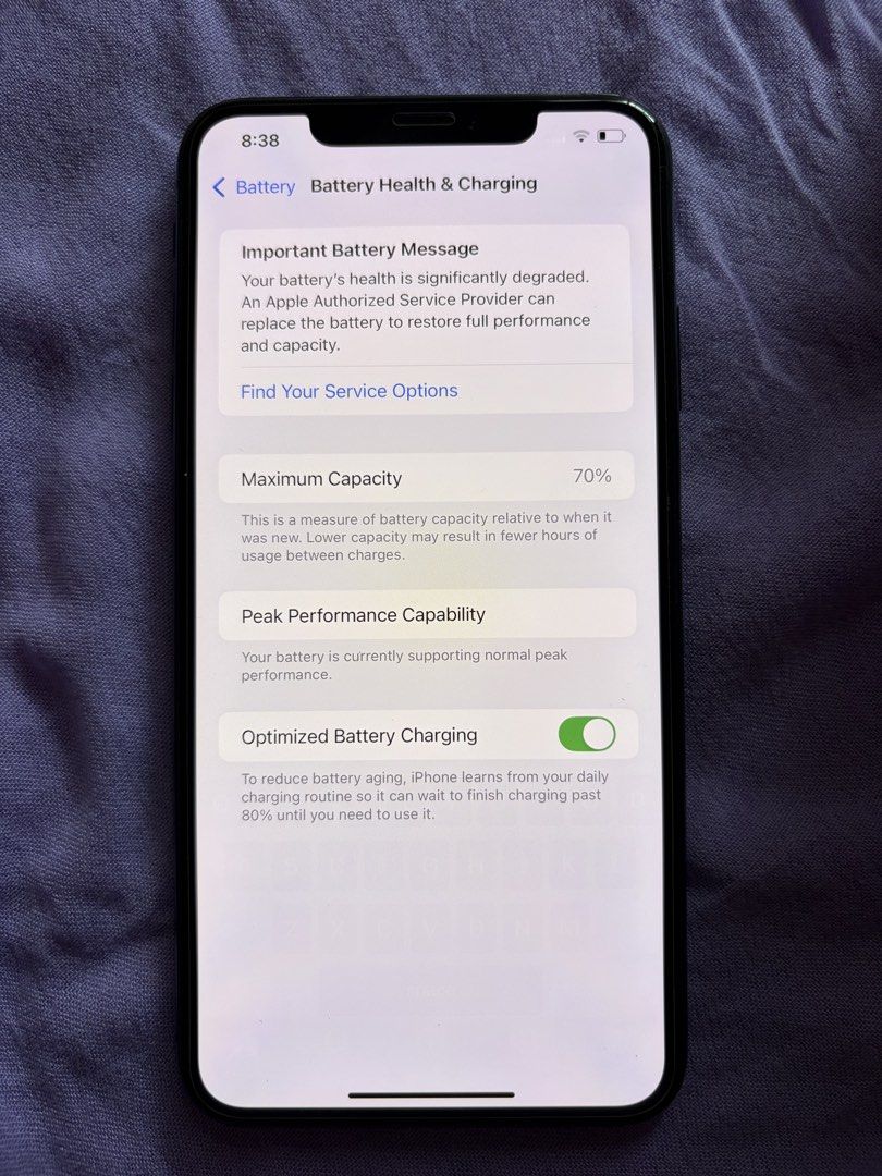 Iphone XS max (Category: iPhone X Series) located in Calamba. Submitted by antirachelclub (Listing ID 1468740360, Image 3). Description: 256GB iPhone XS Max in good condition Battery health is at 70% (never replaced) It comes in its original box with the charger, earphones, and a screen protector already installed No history of repair.