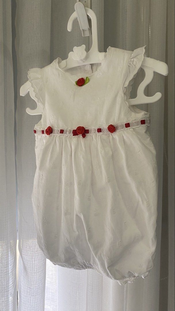 vintage inspired bubble romper ❤︎ (Category: Babies & Kids Fashion) located in Manila. Submitted by louiesalvador (Listing ID 1468713180, Image 1). Description: size: 3-6 months • brand: janie and jack • like new • embroidered white floral pattern all over • ruffled sleeves • red rosettes on the waist.