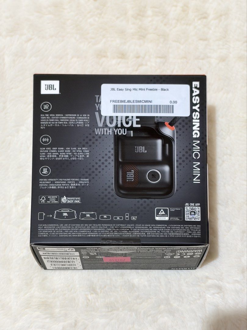 JBL EasySing Mic Mini (Category: Microphones) located in Pasay City. Submitted by zette_ (Listing ID 1468885521, Image 3). Description: - Brand new, unopened in original packaging - JBL EasySing Mic Mini wireless microphone system in sleek black - Portable design complete with a handy charging case - Built-in real-time vocal removal function - Delivers crystal-clear sound quality - Compatible with various JBL speakers (Boombox, Xtreme, Charge, Fl